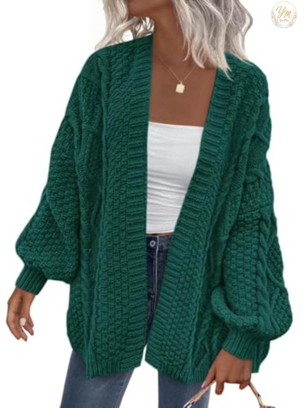 Womens Oversized Cable Knit Open Front Chunky Cardigan Lantern Sleeve